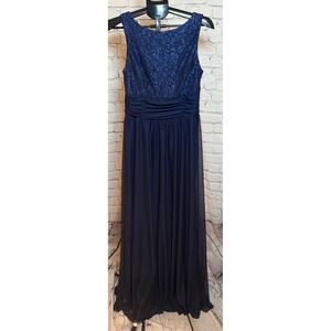 JH Evenings Navy Blue Lace Bodice Ruched Waist Chiffon Gown Dress Size 12